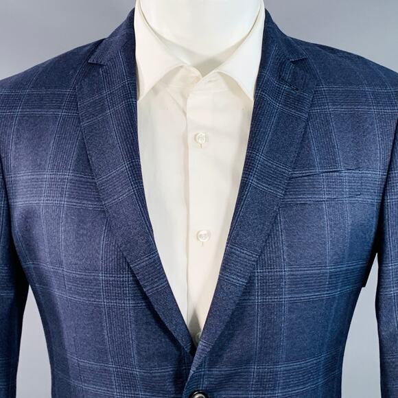 BROOKLYN TAILORS Size 38 Regular Blue Plaid Wool Notch Lapel Sport Coat - Picture 2 of 9